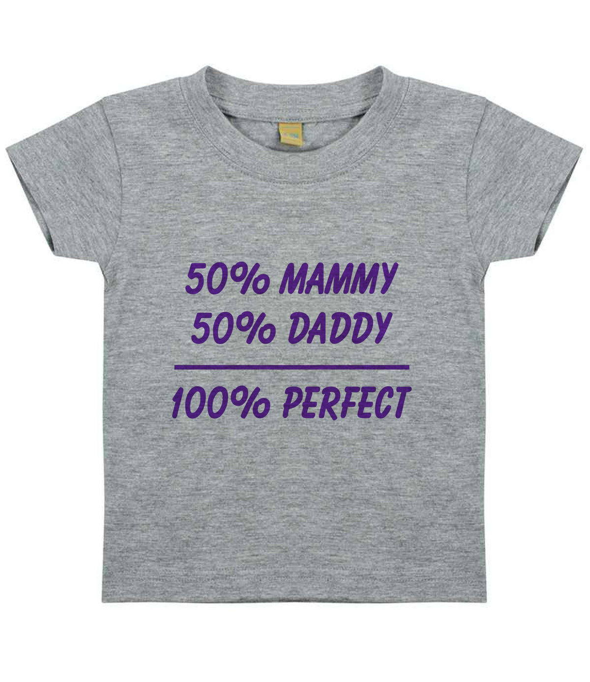 50% Mammy 50% Daddy 100% Perfect – Baby T-Shirt in Heather Grey with Purple vinyl