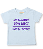 50% Mammy 50% Daddy 100% Perfect – Baby T-Shirt in Pale Blue with Purple vinyl
