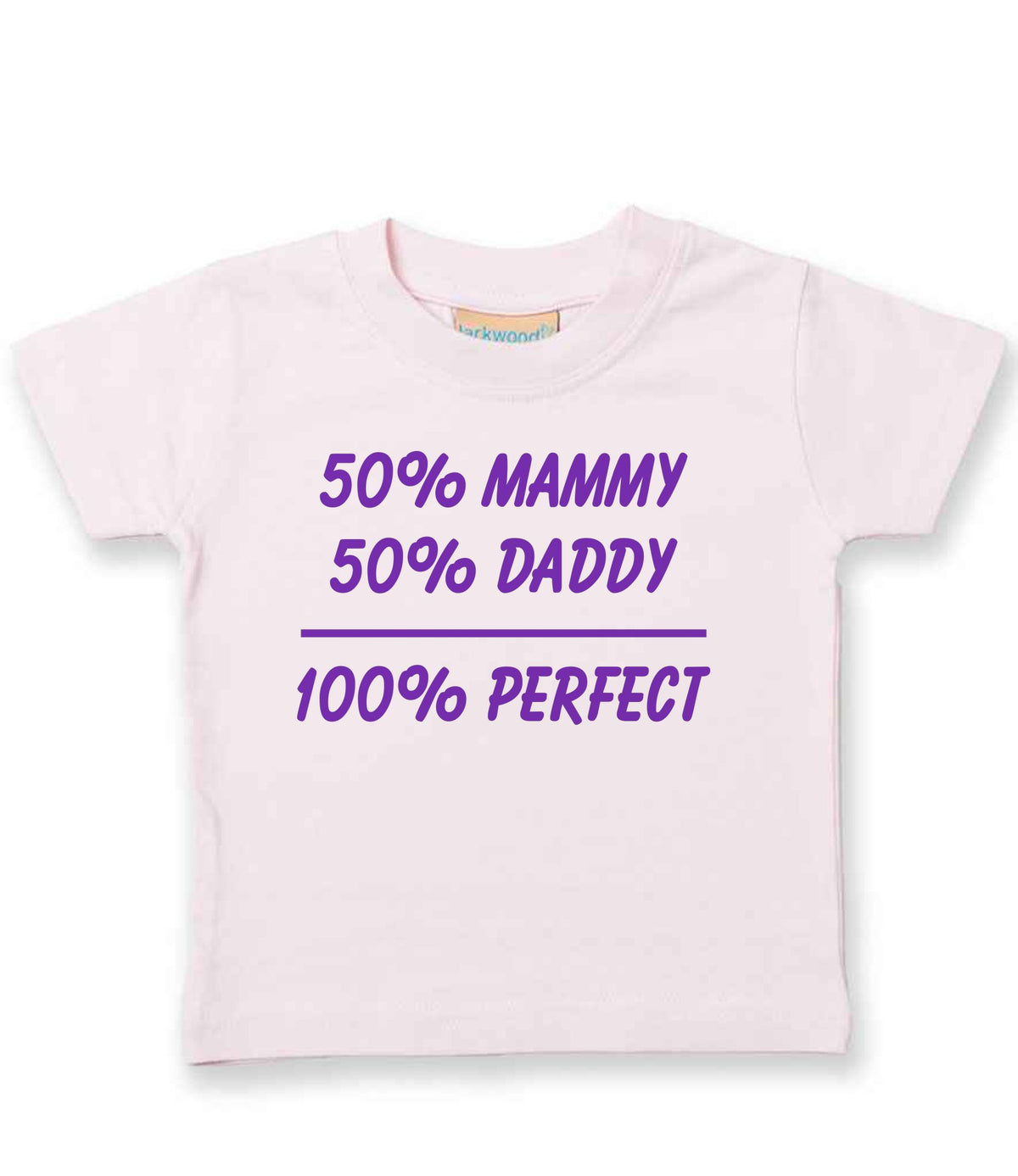 50% Mammy 50% Daddy 100% Perfect – Baby T-Shirt in Pale Pink with Purple vinyl