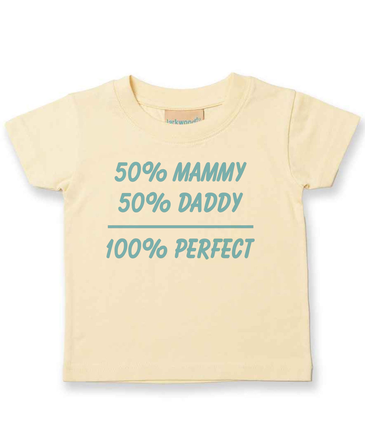 50% Mammy 50% Daddy 100% Perfect – Baby T-Shirt in Pale Yellow with Baby Blue vinyl