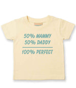 50% Mammy 50% Daddy 100% Perfect – Baby T-Shirt in Pale Yellow with Baby Blue vinyl