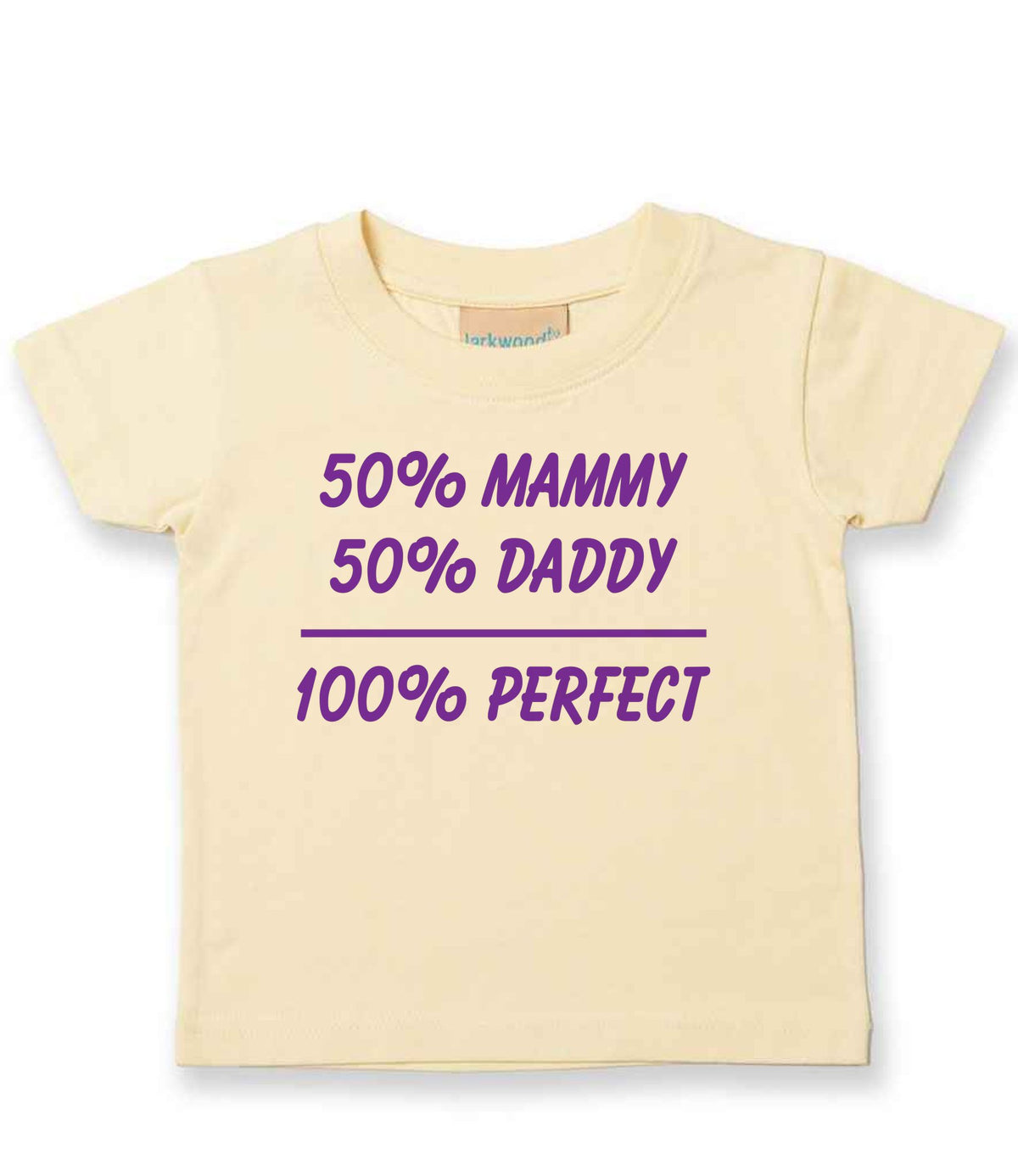 50% Mammy 50% Daddy 100% Perfect – Baby T-Shirt in Pale Yellow with Purple vinyl