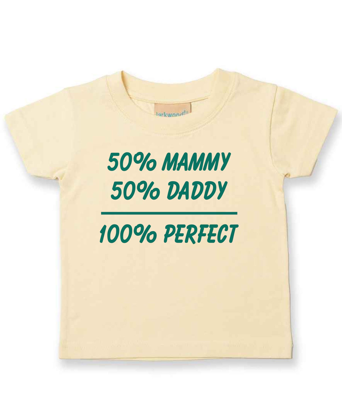 50% Mammy 50% Daddy 100% Perfect – Baby T-Shirt in Pale Yellow with Teal vinyl