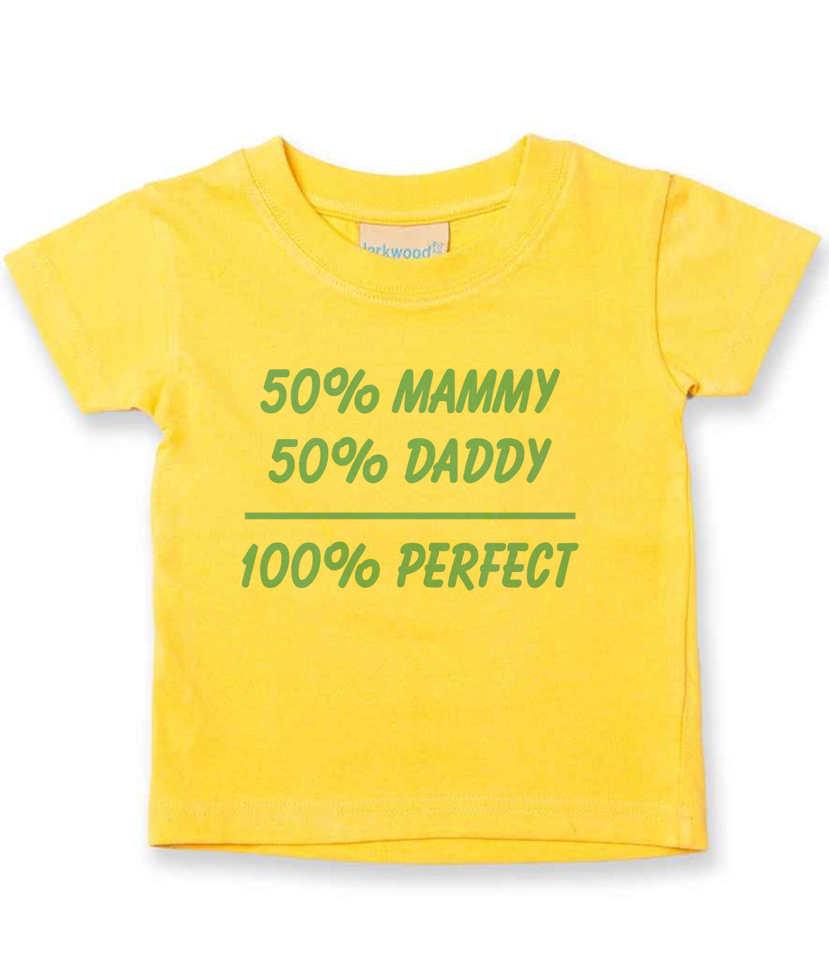 50% Mammy 50% Daddy 100% Perfect – Baby T-Shirt in Sunflower with Baby Blue vinyl