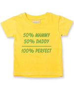 50% Mammy 50% Daddy 100% Perfect – Baby T-Shirt in Sunflower with Baby Blue vinyl