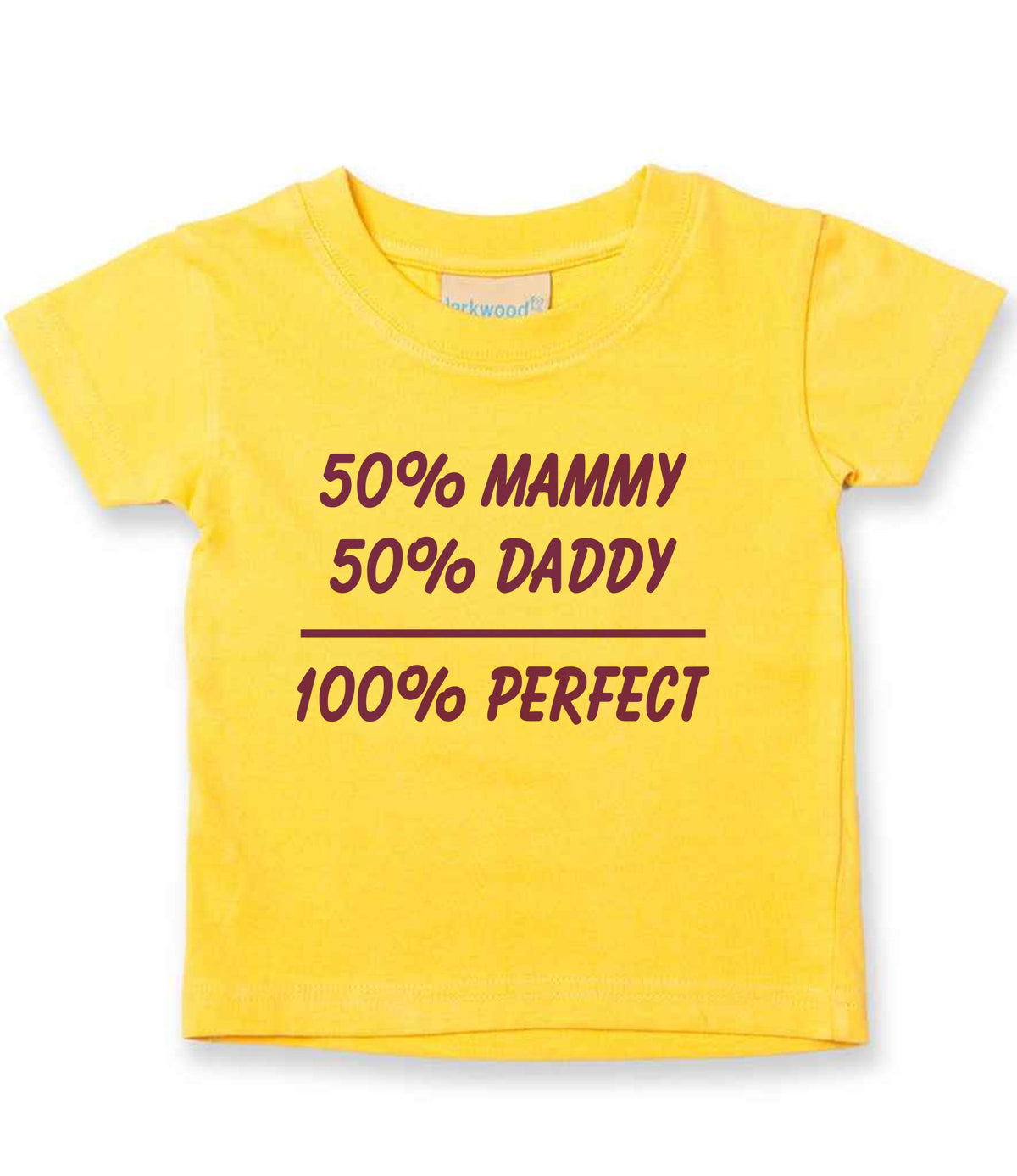 50% Mammy 50% Daddy 100% Perfect – Baby T-Shirt in Sunflower with Purple vinyl