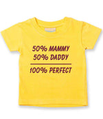 50% Mammy 50% Daddy 100% Perfect – Baby T-Shirt in Sunflower with Purple vinyl