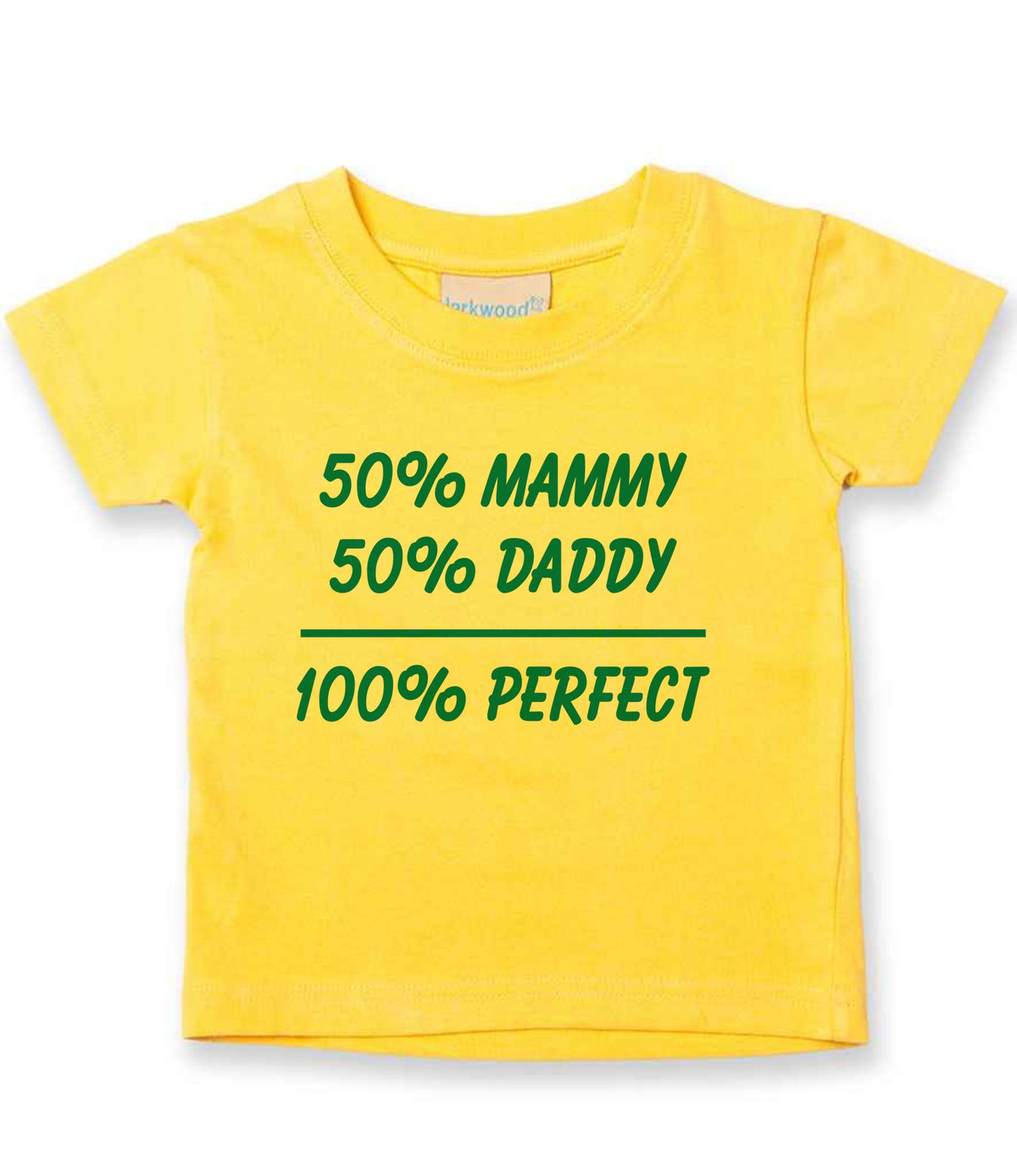 50% Mammy 50% Daddy 100% Perfect – Baby T-Shirt in Sunflower with Teal vinyl