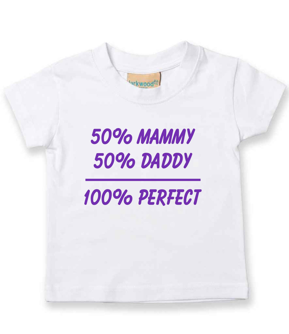 50% Mammy 50% Daddy 100% Perfect – Baby T-Shirt in White with Purple vinyl