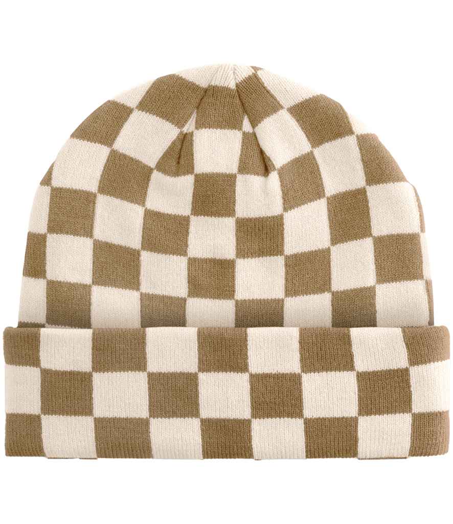 Beechfield Checkerboard Beanie – Stylish Eco-Friendly Headwear Biscuit/Almond ONE