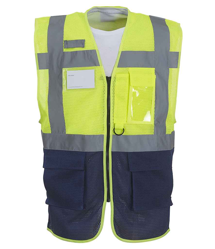 Hi-Vis Executive Waistcoat - Yoko Hi-Vis Top Cool Open Mesh Executive Waistcoat Yellow/Navy 3XL
