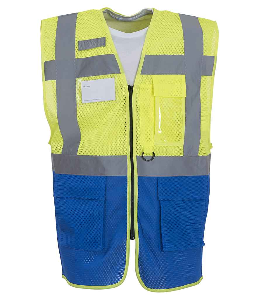 Hi-Vis Executive Waistcoat - Yoko Hi-Vis Top Cool Open Mesh Executive Waistcoat Yellow/Royal Blue 3XL