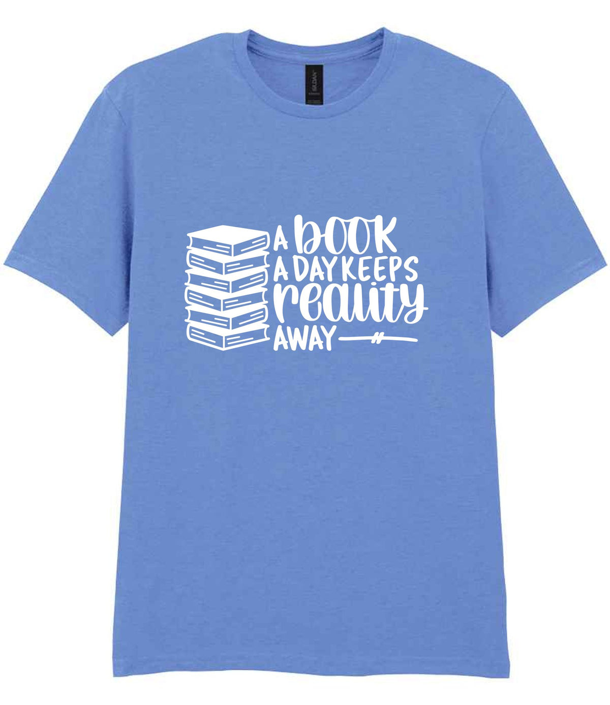 A Book a Day Keeps Reality Away t-shirt in carolina blue