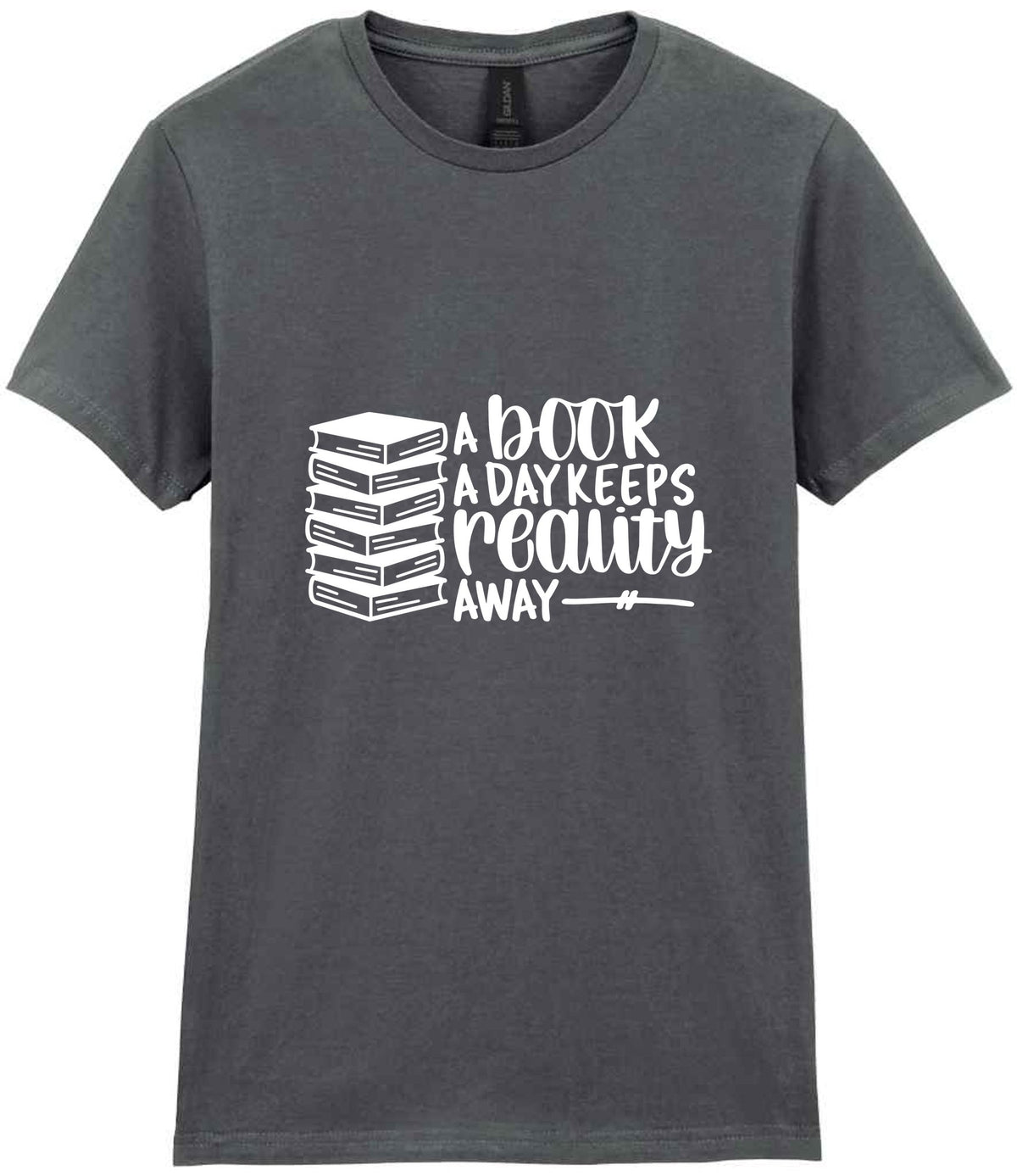 A Book a Day Keeps Reality Away t-shirt in charcoal
