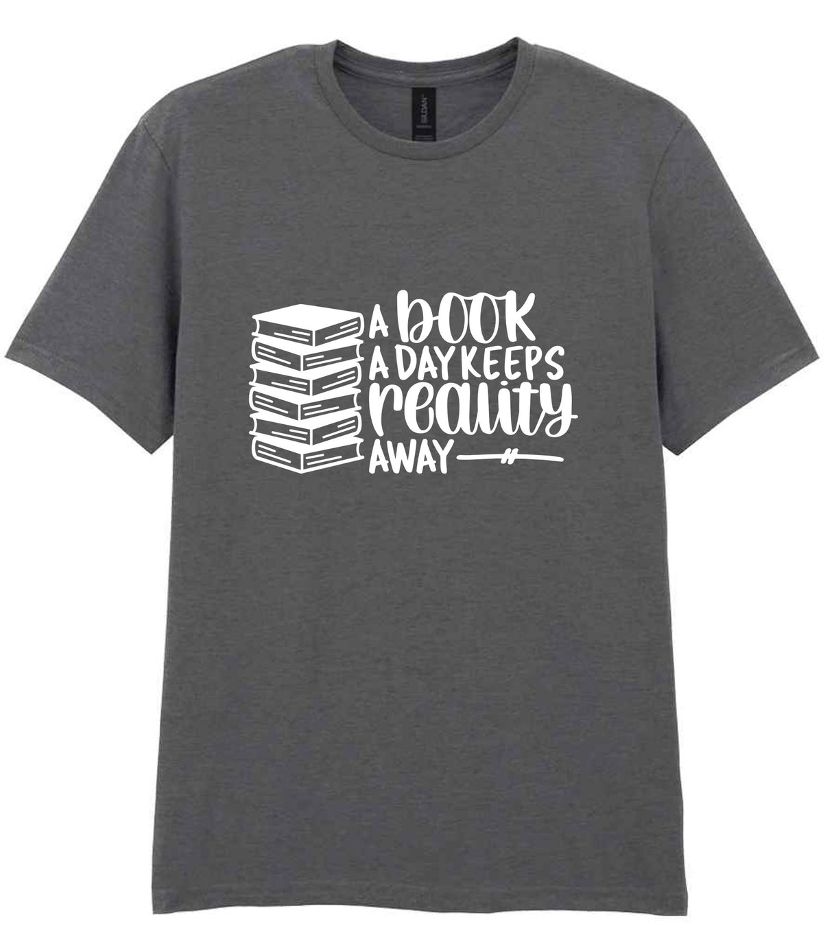 A Book a Day Keeps Reality Away t-shirt in charcoal