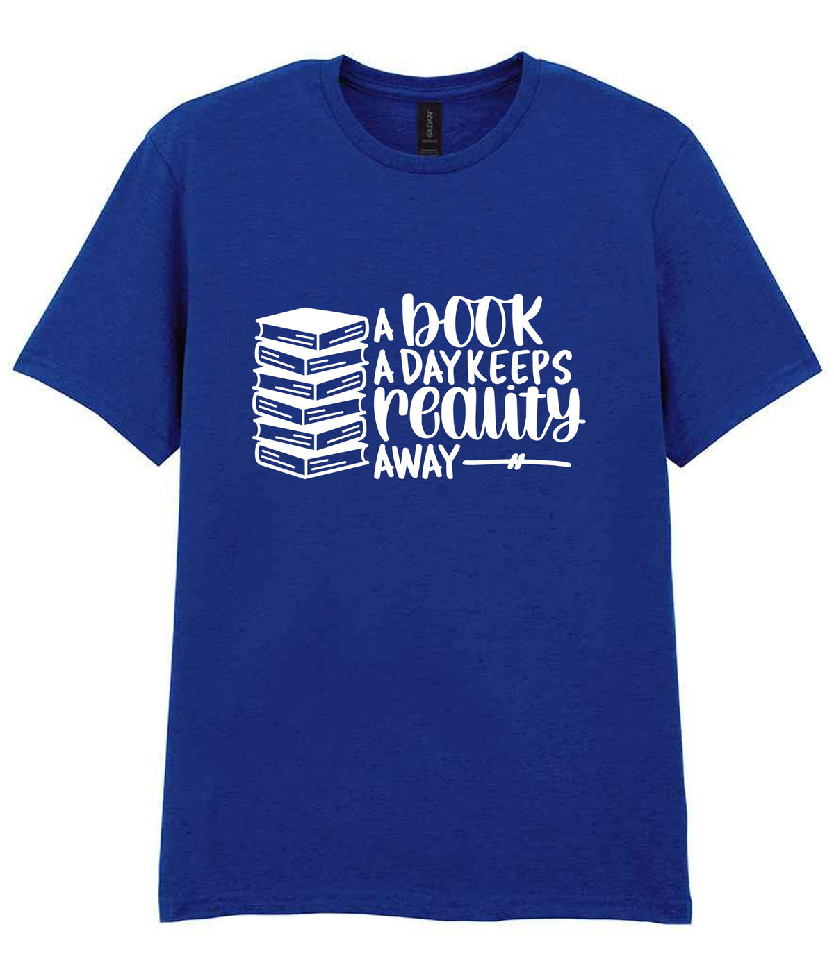 A Book a Day Keeps Reality Away t-shirt in fan deep royal