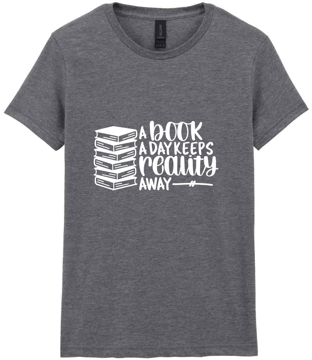 A Book a Day Keeps Reality Away t-shirt in graphite heather
