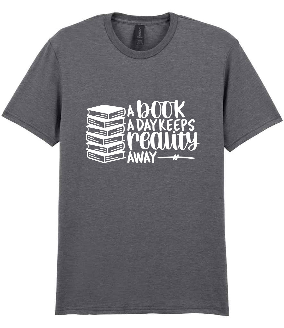 A Book a Day Keeps Reality Away t-shirt in graphite heather