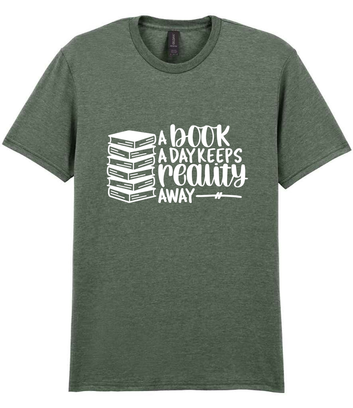 A Book a Day Keeps Reality Away t-shirt in heather military green