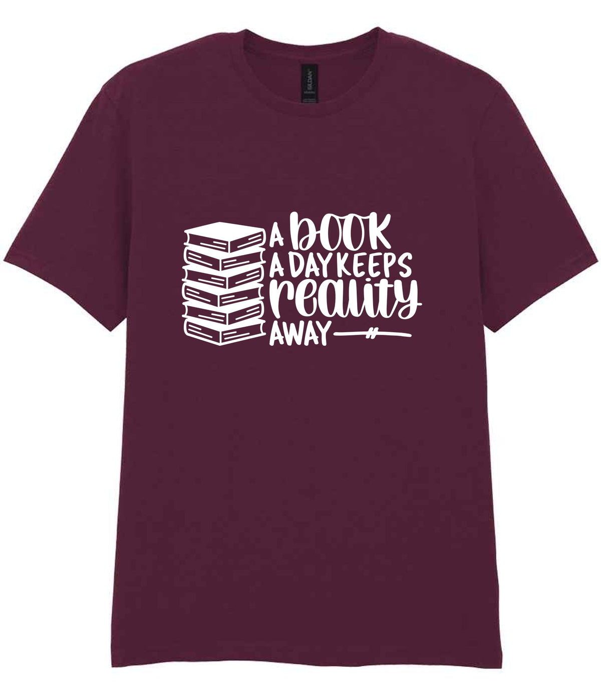 A Book a Day Keeps Reality Away t-shirt in maroon