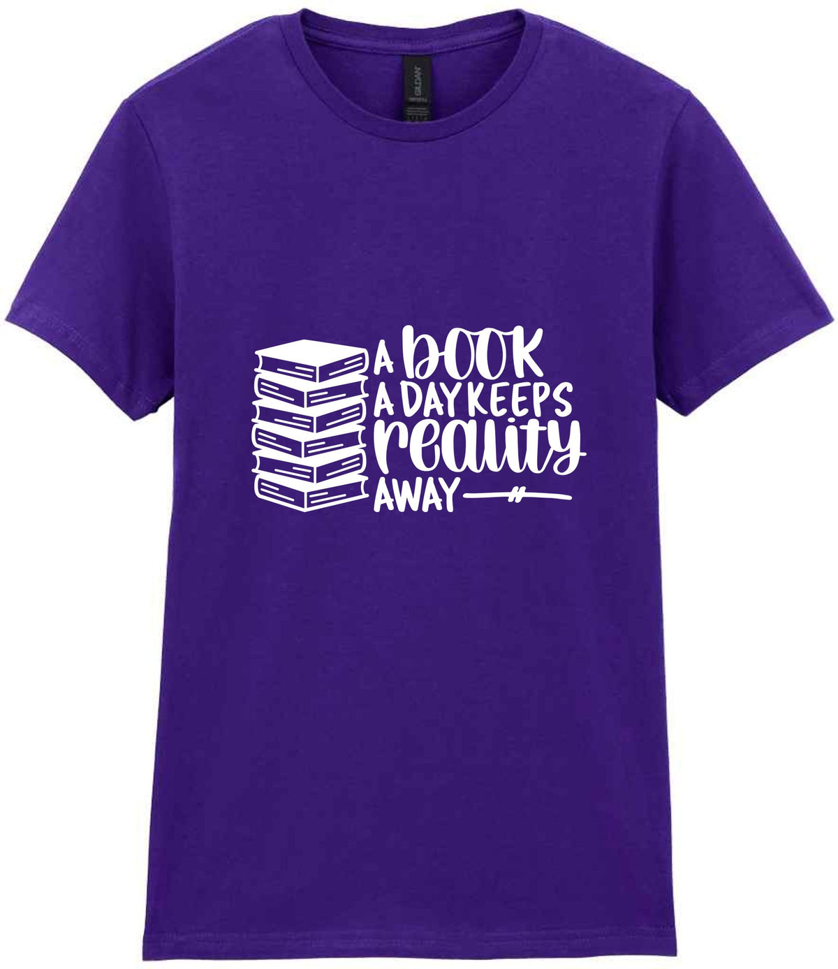 A Book a Day Keeps Reality Away t-shirt in purple