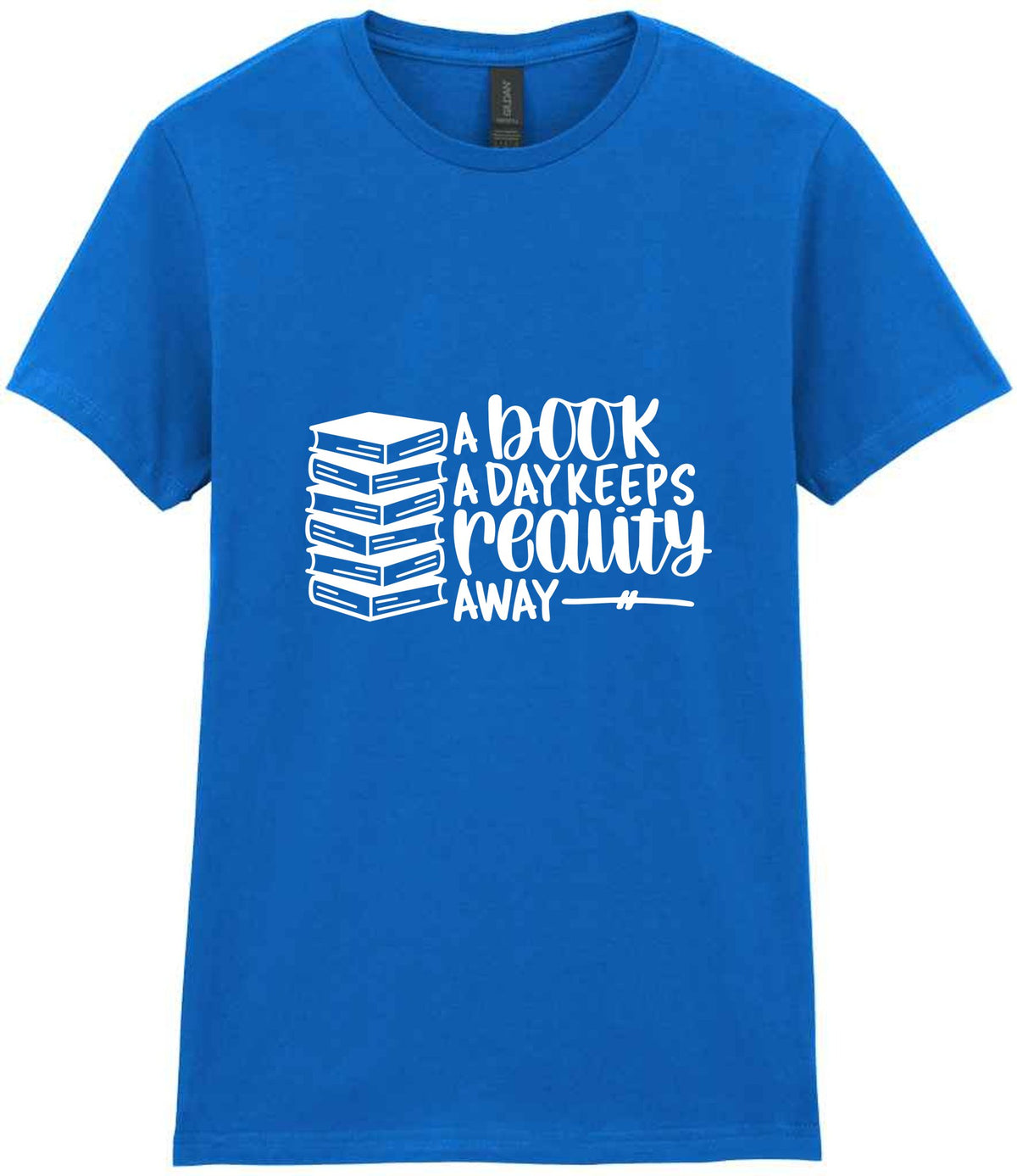 A Book a Day Keeps Reality Away t-shirt in royal blue