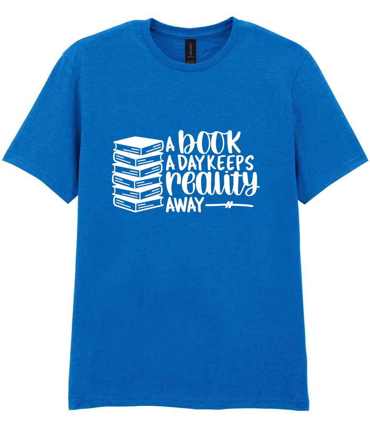 A Book a Day Keeps Reality Away t-shirt in royal blue