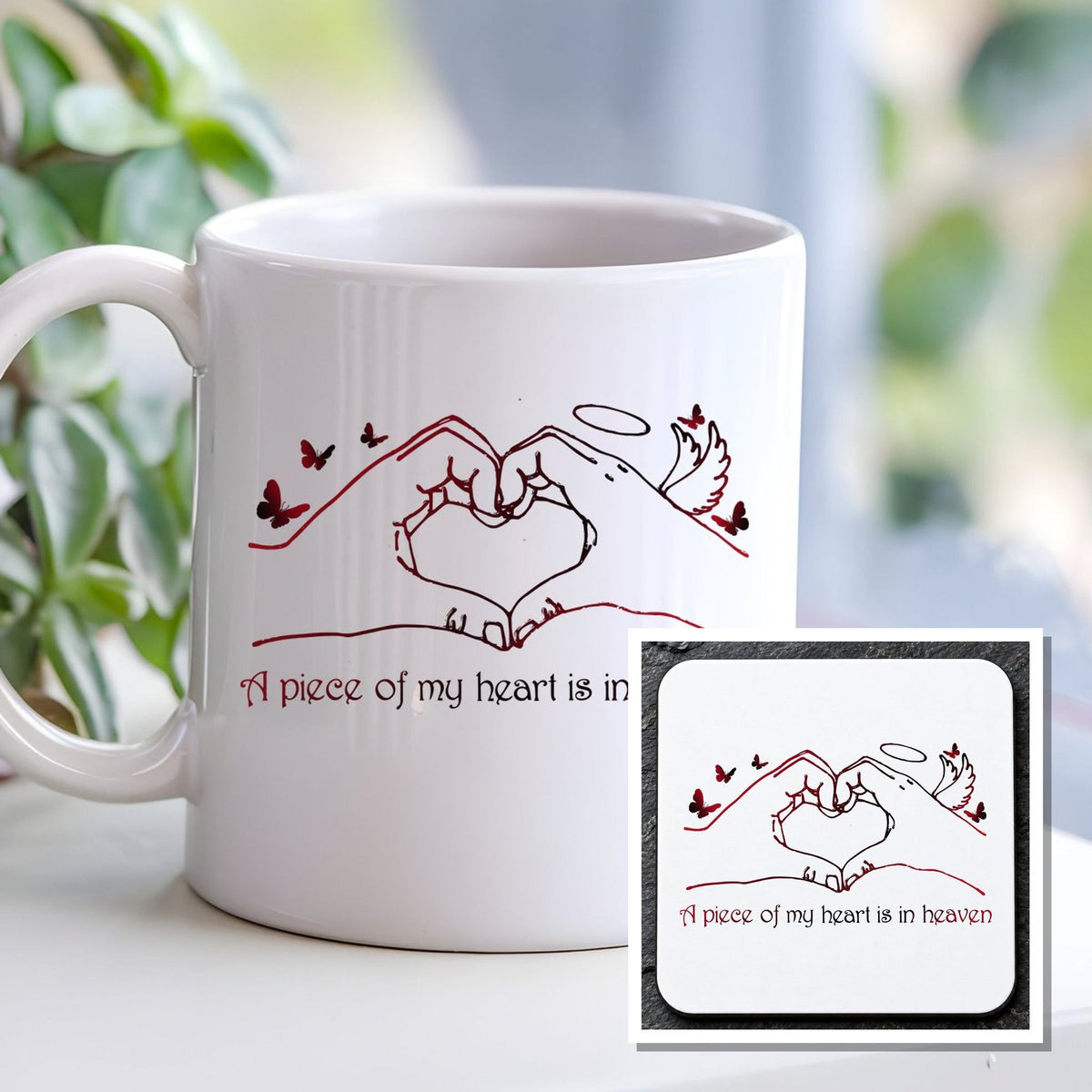 A Piece of My Heart Is in Heaven Matching Set with Mug and Coaster in White