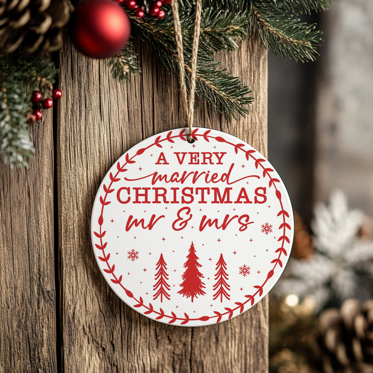 A VERY Married CHRISTMAS Mr & Mrs – Ceramic Hanging Decoration in Standard with Red vinyl
