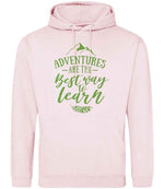 ADVENTURES ARE THE Best Way to Learn – Unisex Hoodie in Baby Pink with Apple Green vinyl
