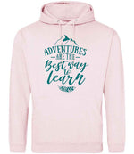 ADVENTURES ARE THE Best Way to Learn – Unisex Hoodie in Baby Pink with Teal vinyl