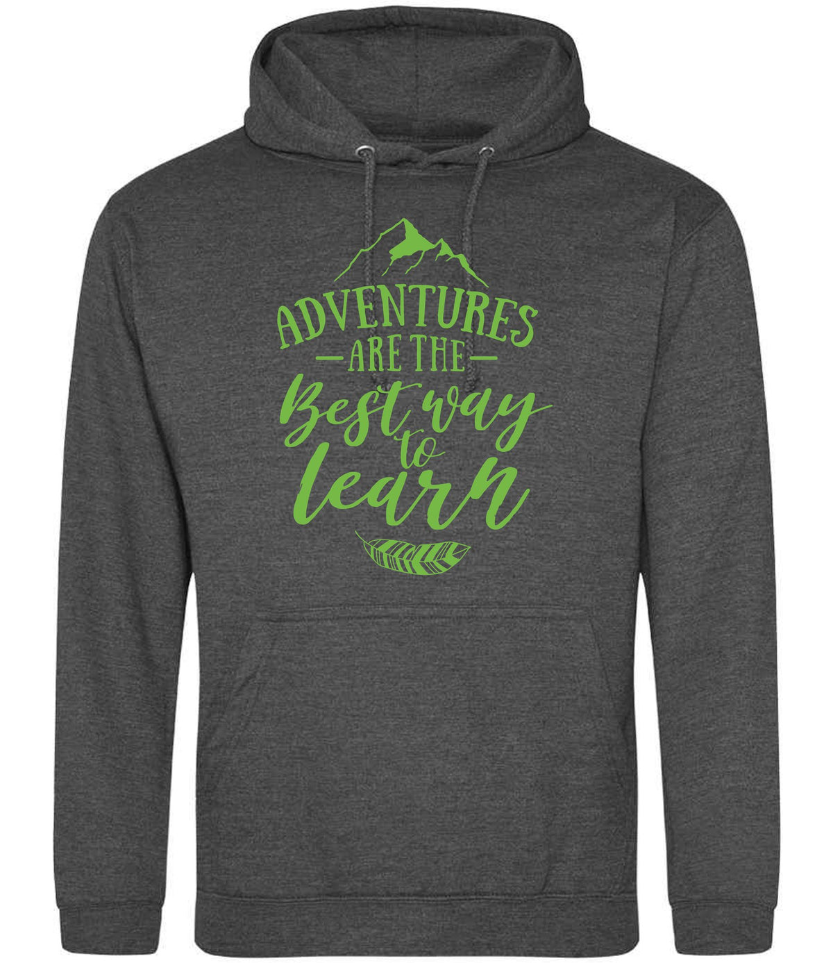 ADVENTURES ARE THE Best Way to Learn – Unisex Hoodie in Charcoal with Apple Green vinyl