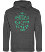 ADVENTURES ARE THE Best Way to Learn – Unisex Hoodie in Charcoal with Mint vinyl