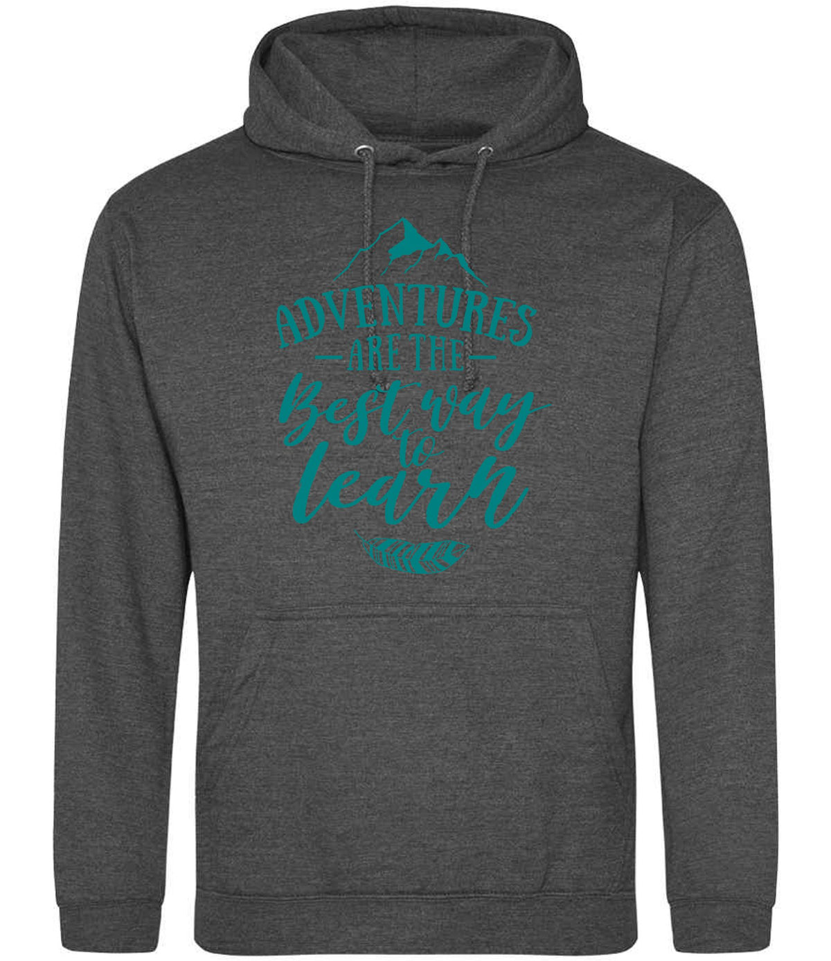 ADVENTURES ARE THE Best Way to Learn – Unisex Hoodie in Charcoal with Teal vinyl