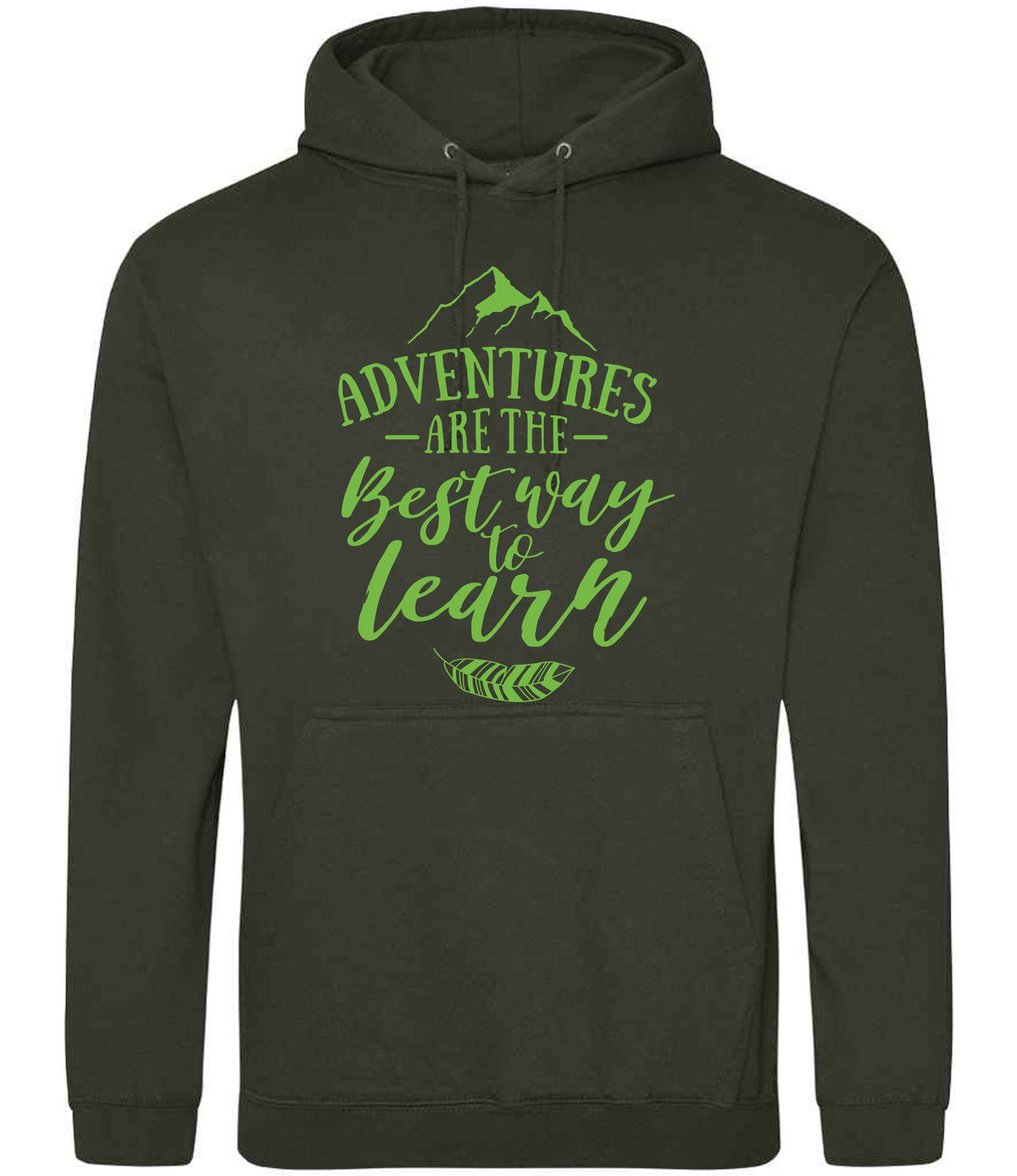 ADVENTURES ARE THE Best Way to Learn – Unisex Hoodie in Combat Green with Apple Green vinyl