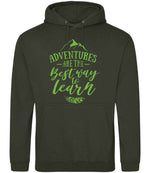 ADVENTURES ARE THE Best Way to Learn – Unisex Hoodie in Combat Green with Apple Green vinyl