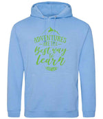 ADVENTURES ARE THE Best Way to Learn – Unisex Hoodie in Cornflower Blue with Apple Green vinyl