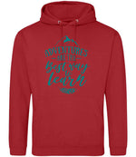 ADVENTURES ARE THE Best Way to Learn – Unisex Hoodie in Fire Red with Teal vinyl