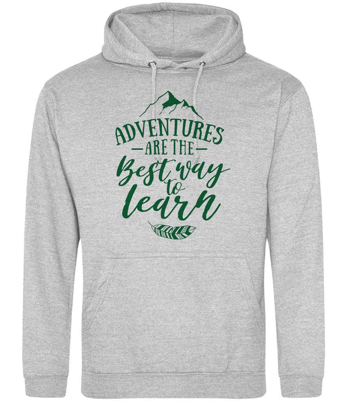 ADVENTURES ARE THE Best Way to Learn – Unisex Hoodie in Heather Grey with Dark Green vinyl