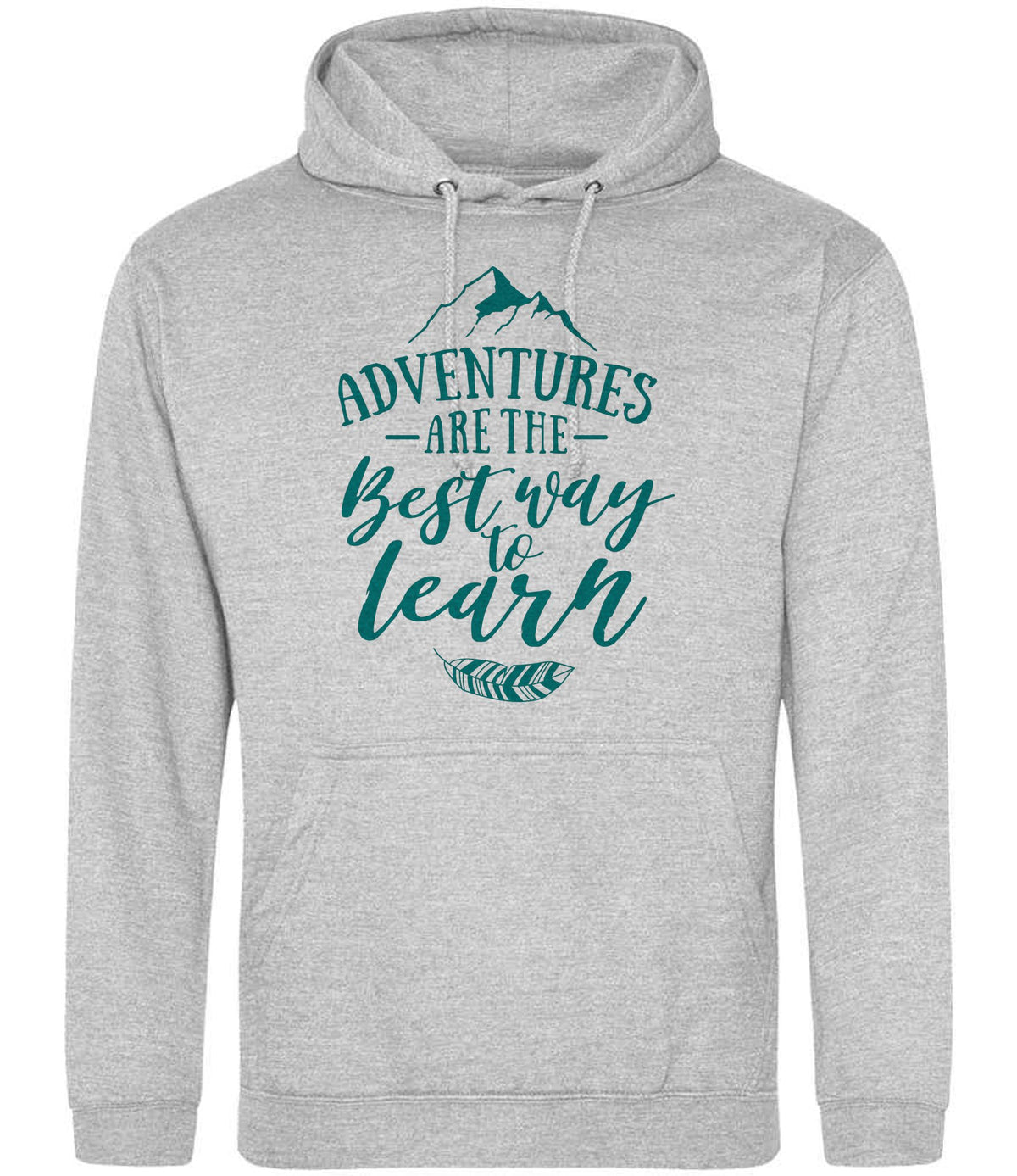 ADVENTURES ARE THE Best Way to Learn – Unisex Hoodie in Heather Grey with Teal vinyl