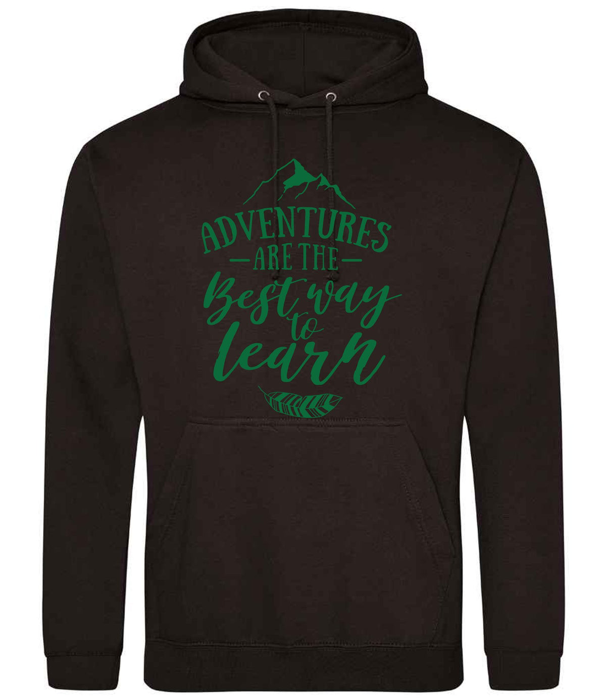 ADVENTURES ARE THE Best Way to Learn – Unisex Hoodie in Jet Black with Dark Green vinyl