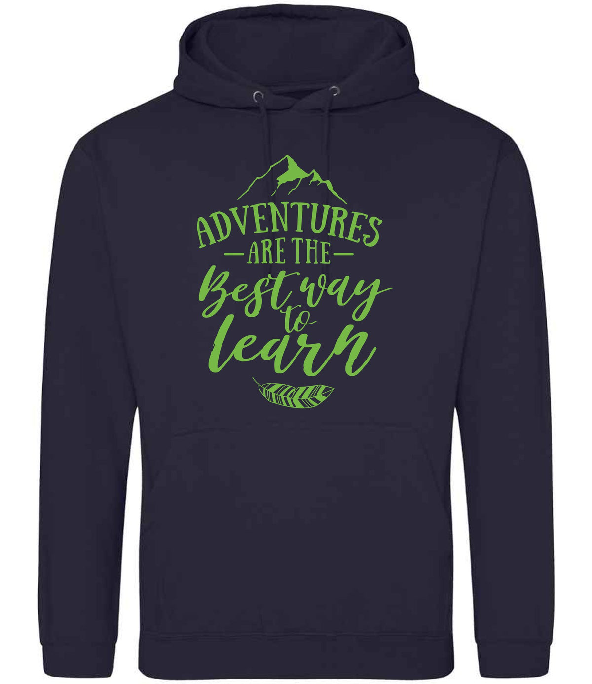 ADVENTURES ARE THE Best Way to Learn – Unisex Hoodie in New French Navy with Apple Green vinyl