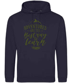 ADVENTURES ARE THE Best Way to Learn – Unisex Hoodie in New French Navy with Military Green vinyl