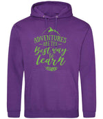 ADVENTURES ARE THE Best Way to Learn – Unisex Hoodie in Purple with Apple Green vinyl