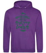 ADVENTURES ARE THE Best Way to Learn – Unisex Hoodie in Purple with Dark Green vinyl
