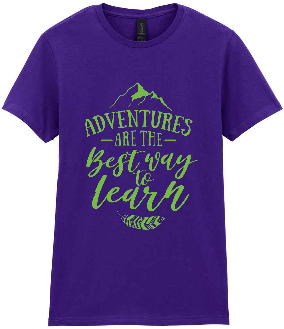 ADVENTURES ARE THE Best Way to Learn – Ladies T-Shirt in Purple with Apple Green vinyl