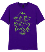 ADVENTURES ARE THE Best Way to Learn – Unisex T-Shirt in Purple with Apple Green vinyl