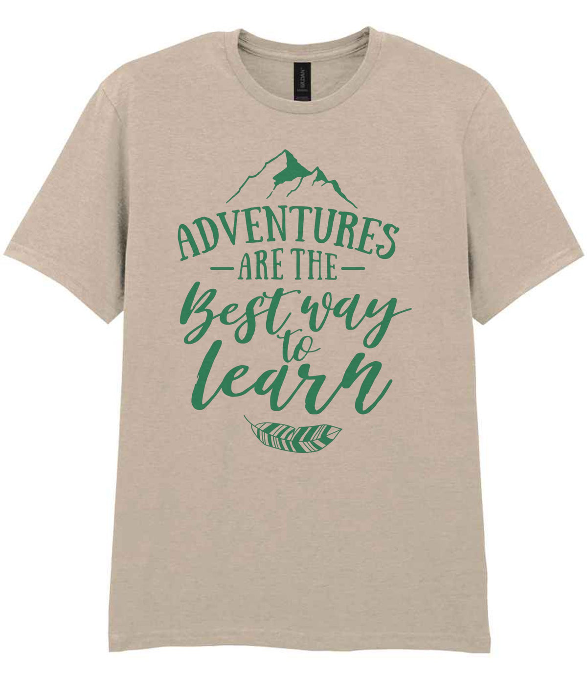 ADVENTURES ARE THE Best Way to Learn – Unisex T-Shirt in Sand with Mint vinyl
