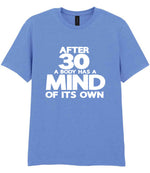 After 30 a Body Has a Mind of Its Own t-shirt in carolina blue