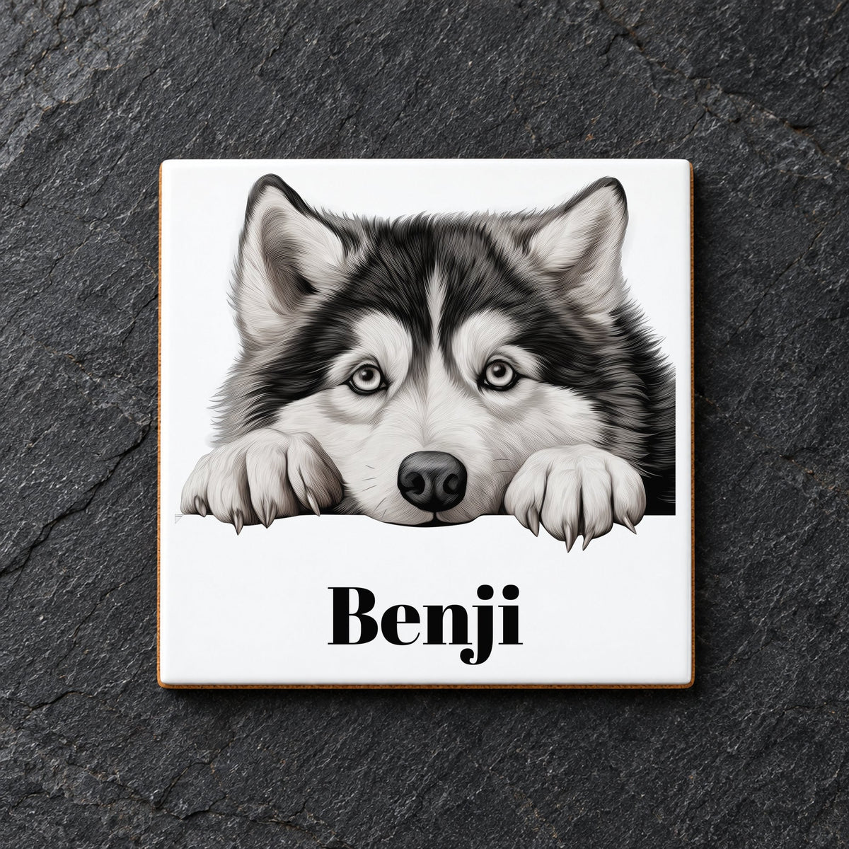 Customisable Alaskan Malamute Face – Ceramic Coaster, personalised with your own text